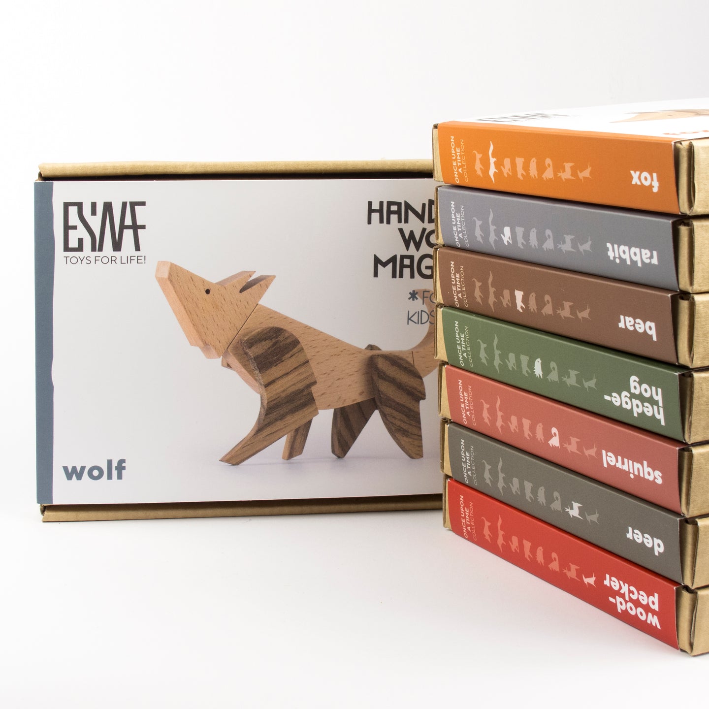 Packaging boxes of set of 8 handmade wooden magnetic toys from ESNAF